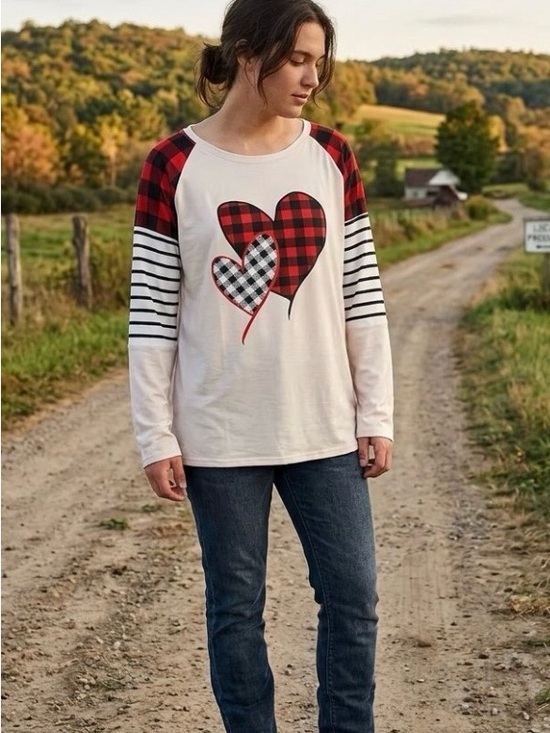 Tops - Plaid Heart Raglan Long Sleeve Top - Red & Black Hearts